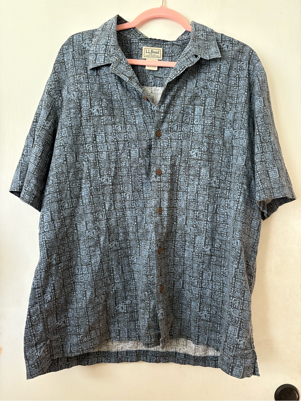Vintage L.L. Bean Blue Short-Sleeve Printed Button-Down Shirt 100% cotton